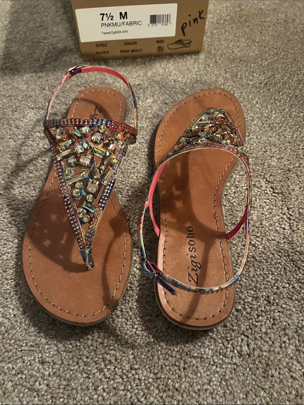 Zigi Soho Pink Multicolor Jeweled T-Strap Sandals. 7.5. EUC